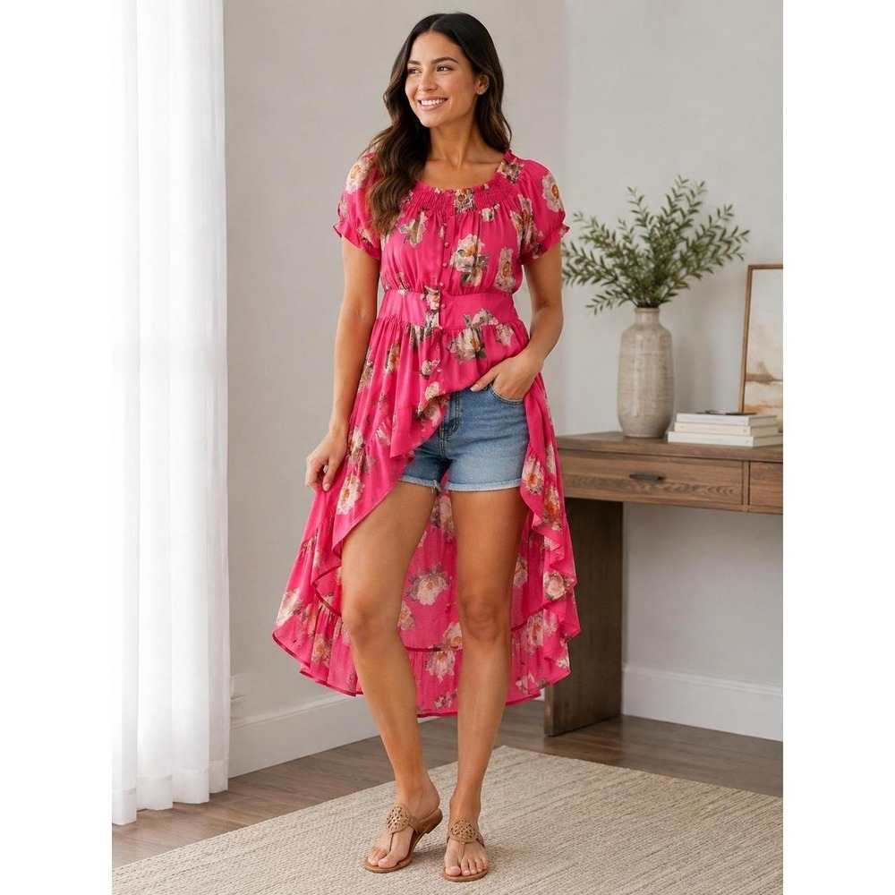 Live 4 Truth Pink Floral High-Low Button Front Smocked Top Dress 1X